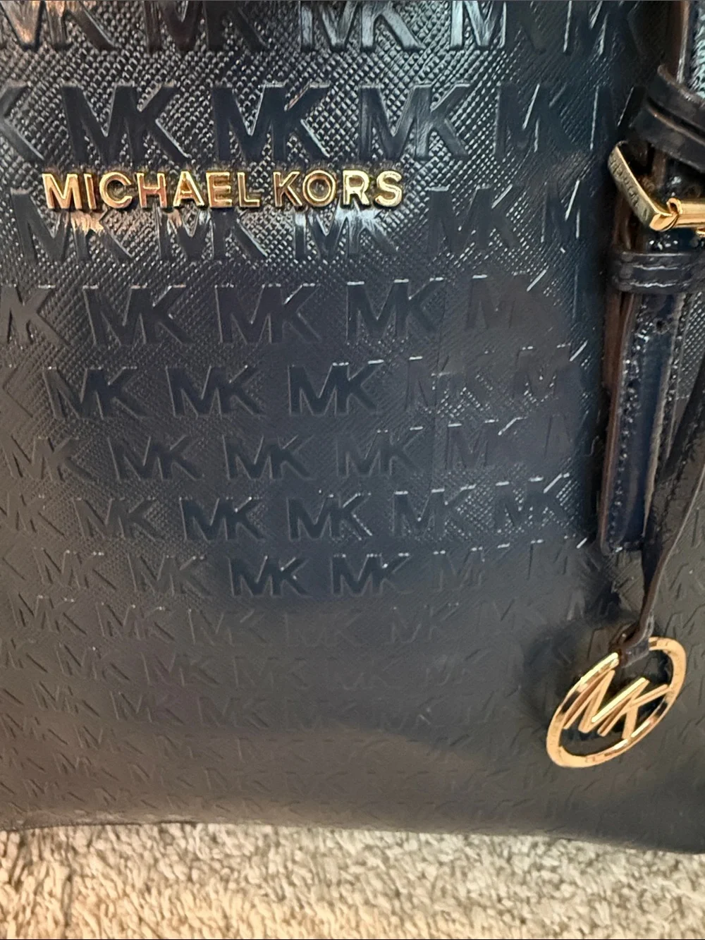 Michael Kors Navy Embossed MK jet set Tote luxury business casual cozy feminine